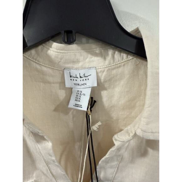 Nicole Miller Linen Top XL Beige Button Down Boho Lagenlook Short Sleeve NWT - Picture 7 of 9